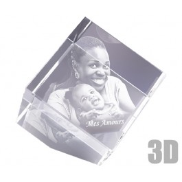 Cube en verre 10 cm sur pan coupé photo laser 3D